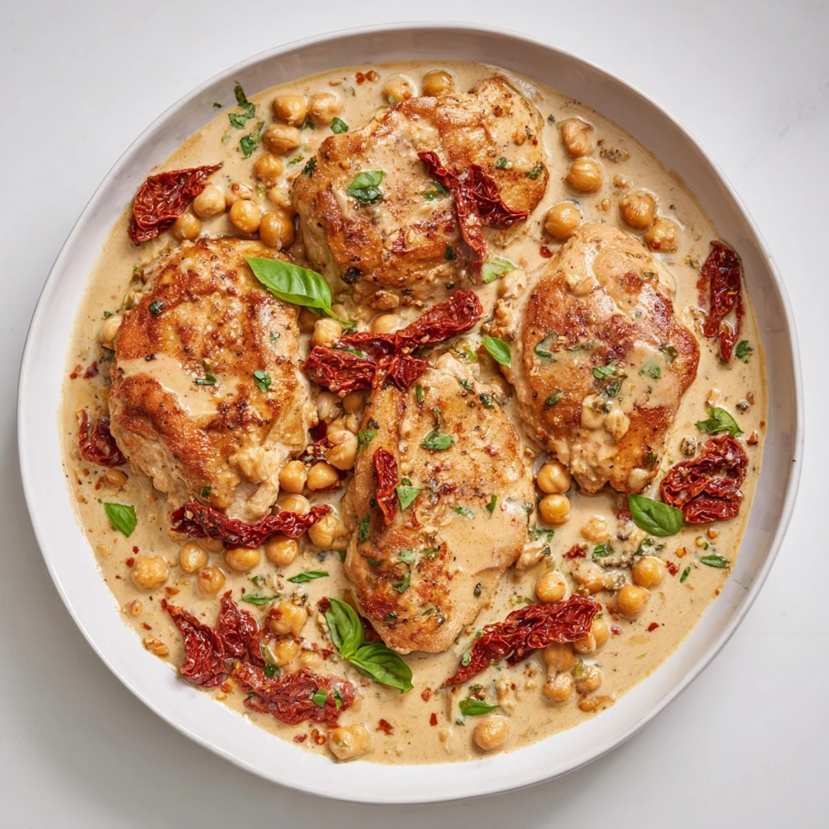 A close-up of golden-brown High-Protein Marry Me Chicken and Chickpeas with visible sun-dried tomatoes and chickpeas.