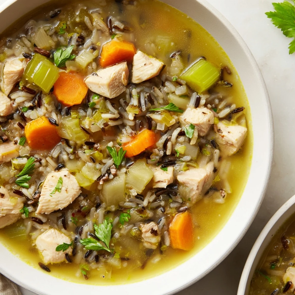Delicious Quick Chicken and Wild Rice Soup served in a white bowl with crusty bread, perfect comfort food.