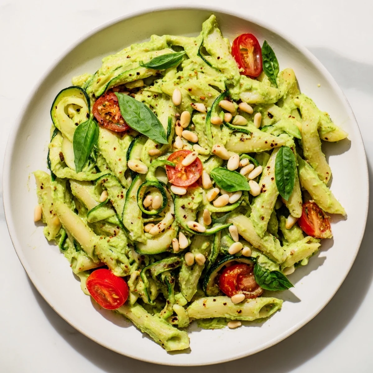 Bright green Vegan Green Goddess Pasta topped with fresh cherry tomatoes and toasted pine nuts.