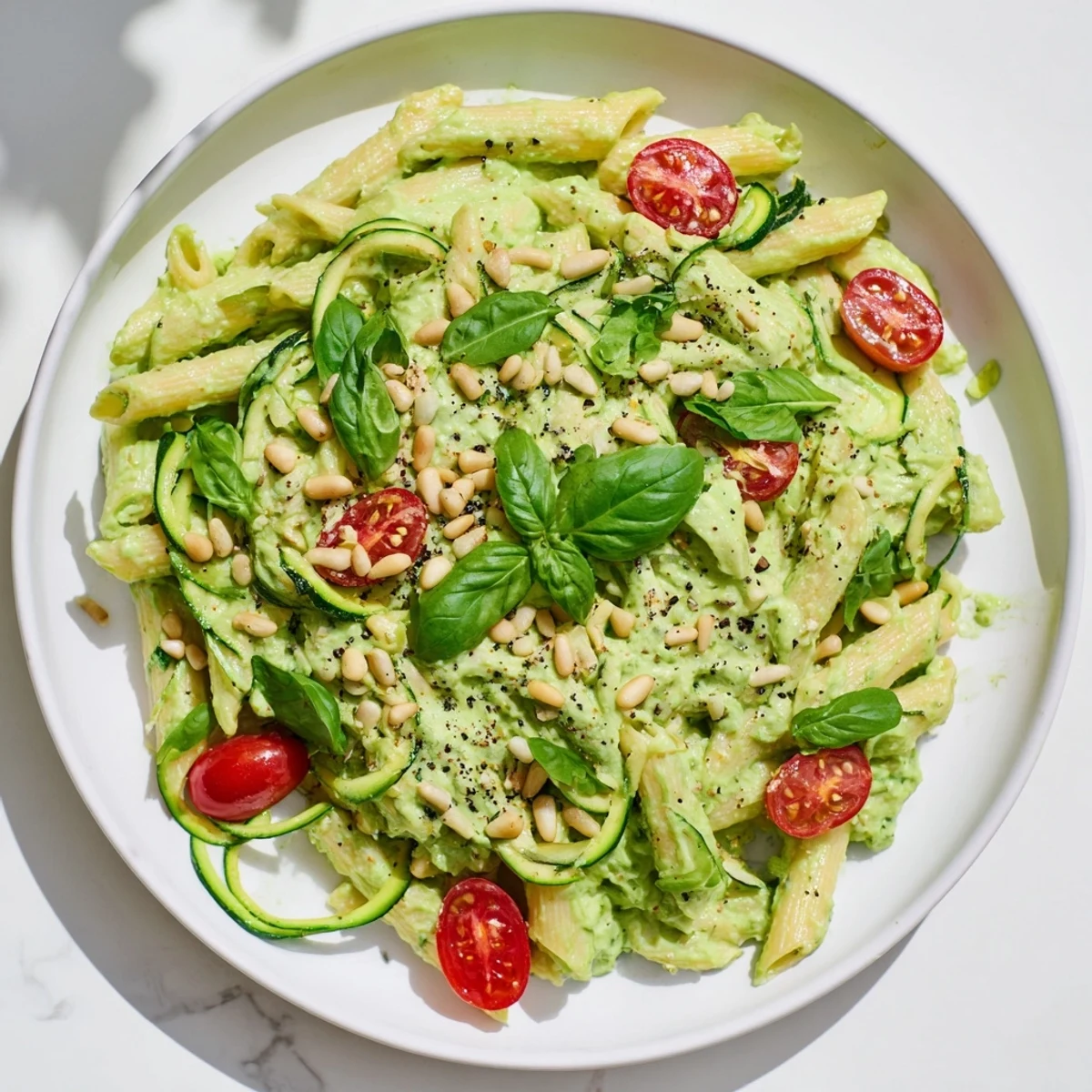 Vibrant plate of Vegan Green Goddess Pasta coated in a spinach and avocado sauce.