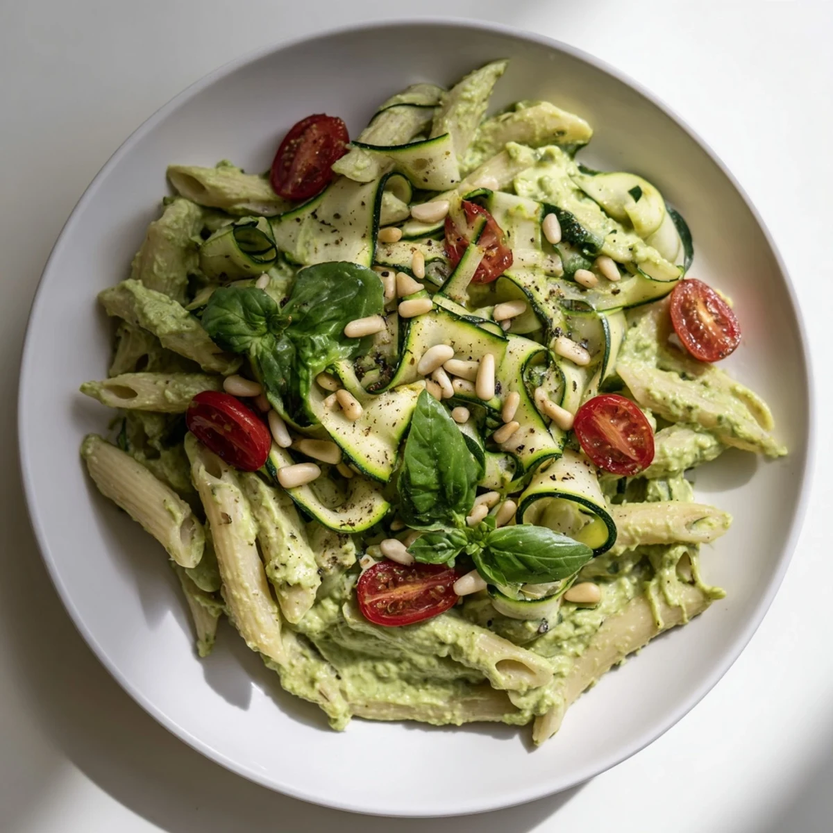 Creamy Vegan Green Goddess Pasta with blended spinach and herbs, ready to serve in bowls.