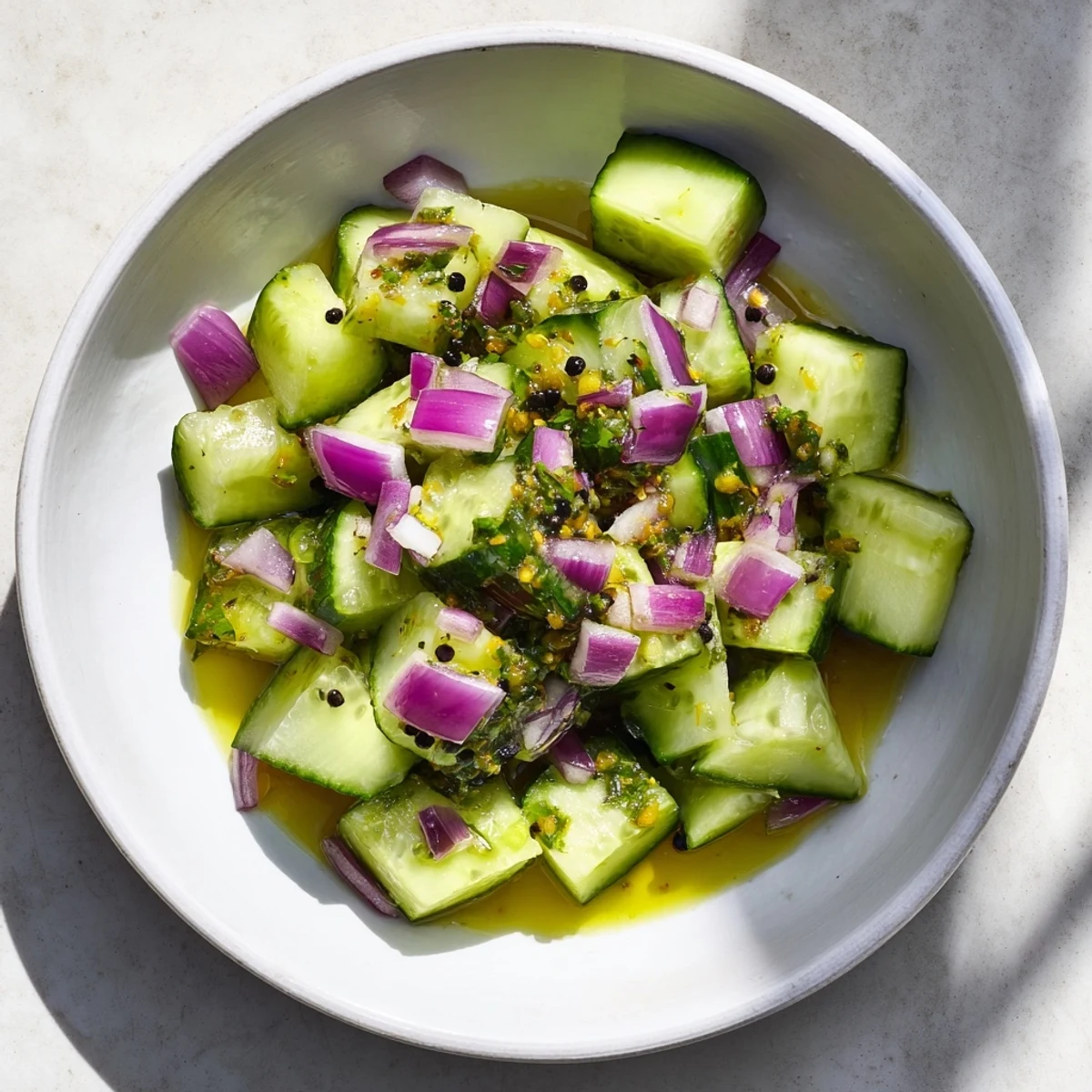 Simple cucumber and dill chopped salad with bright green cucumbers and red onion, ready to serve.