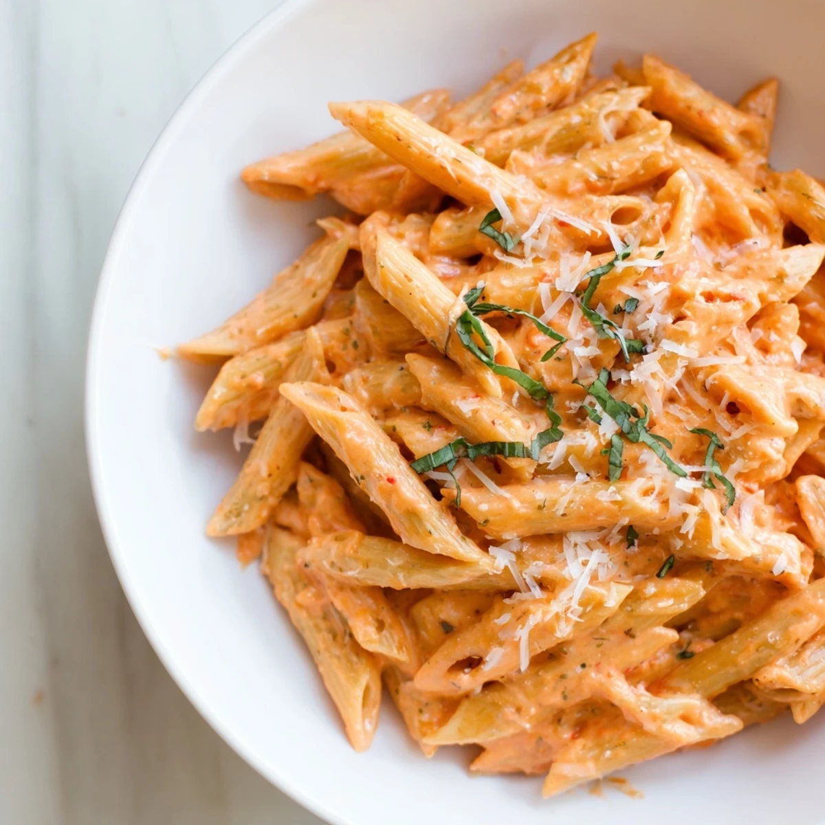 A bowl of 15-Minute Creamy Red Pepper Pasta, swirled with a rich, vibrant sauce and fresh basil.