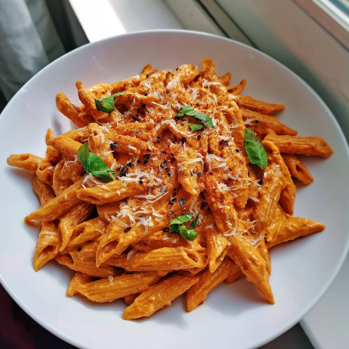 Velvety 15-Minute Creamy Red Pepper Pasta ready to serve, fragrantly garnished with fresh Parmesan cheese.