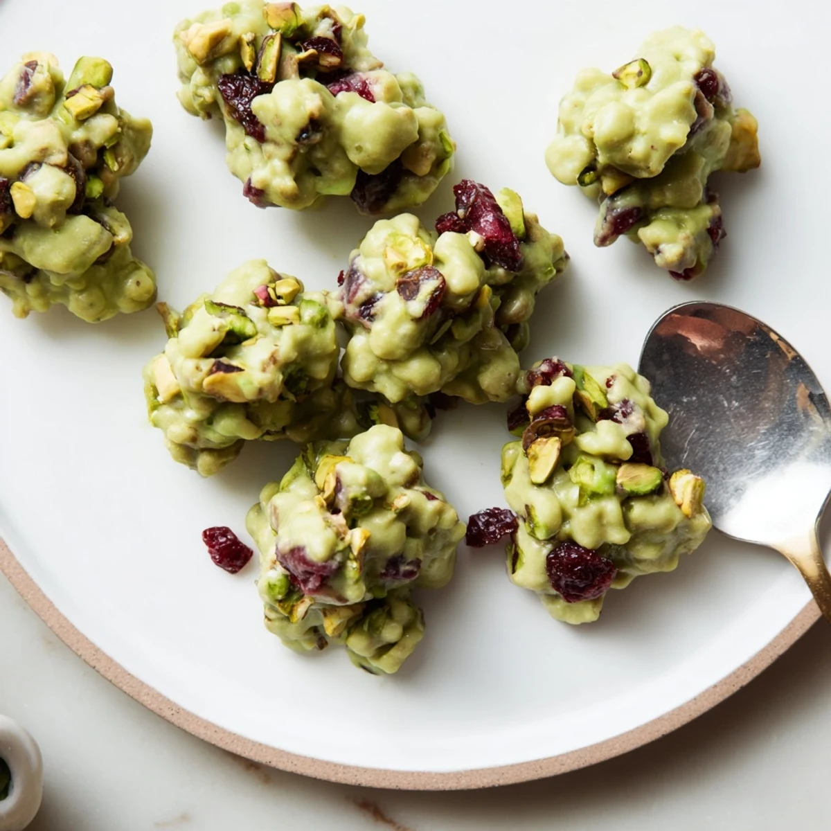 Matcha white chocolate cranberry bark clusters: Creamy white chocolate speckled with bright red cranberries and emerald matcha powder.