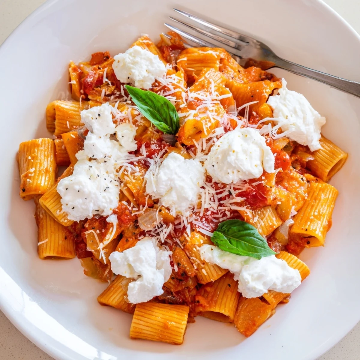 Creamy Roasted Red Pepper Santa Hat Pasta with fluffy ricotta "hats" on a festive plate.