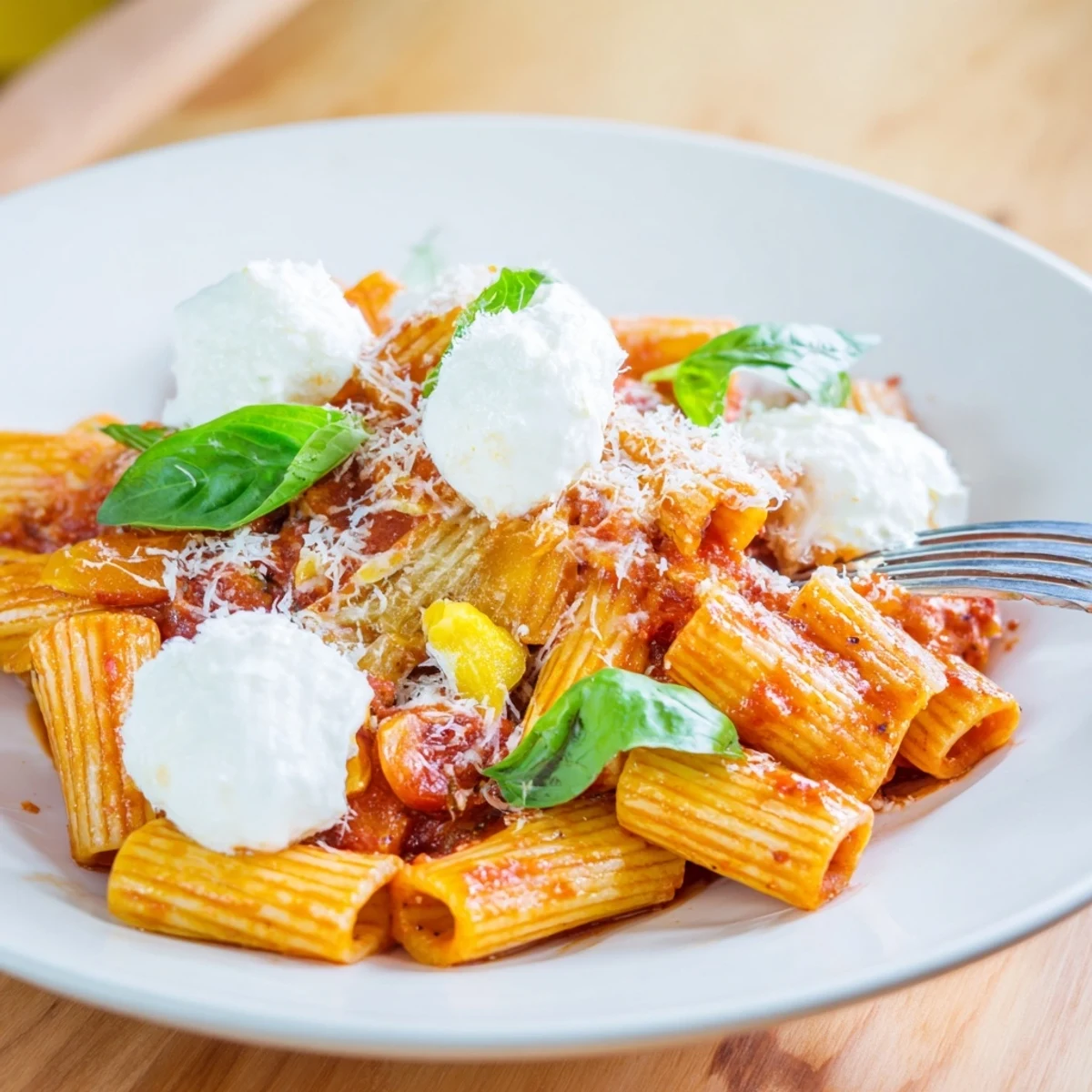 Bright red Creamy Roasted Red Pepper Santa Hat Pasta, topped with creamy ricotta and fresh basil garnish.