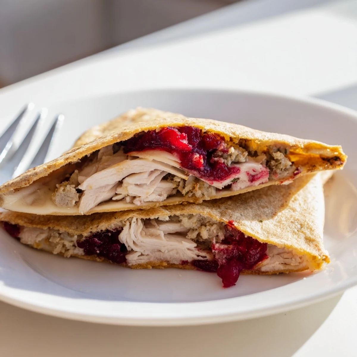 Golden-brown Turkey, Stuffing & Cranberry Leftovers Tortilla Wrap, a perfect post-holiday lunch.