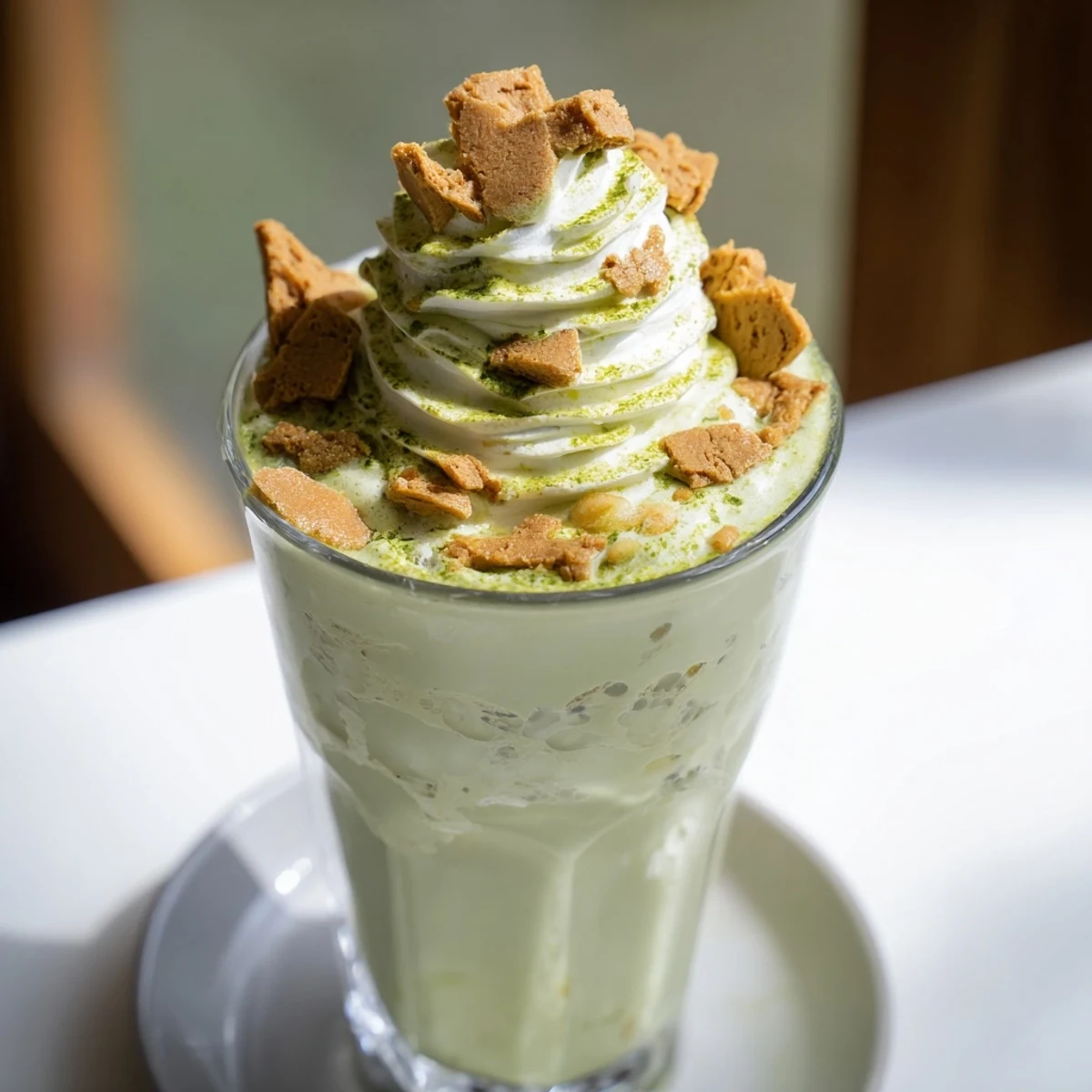 Creamy Sugar-Free Gingerbread Cookie Matcha Frappe with whipped cream and crushed gingerbread cookies.