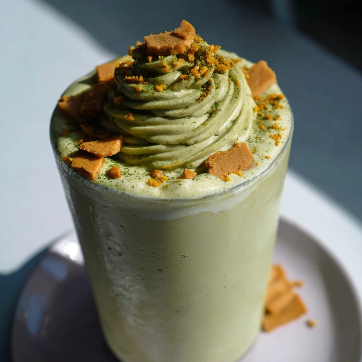 Frothy Sugar-Free Gingerbread Cookie Matcha Frappe topped with spices and ready to enjoy on a sunny day.