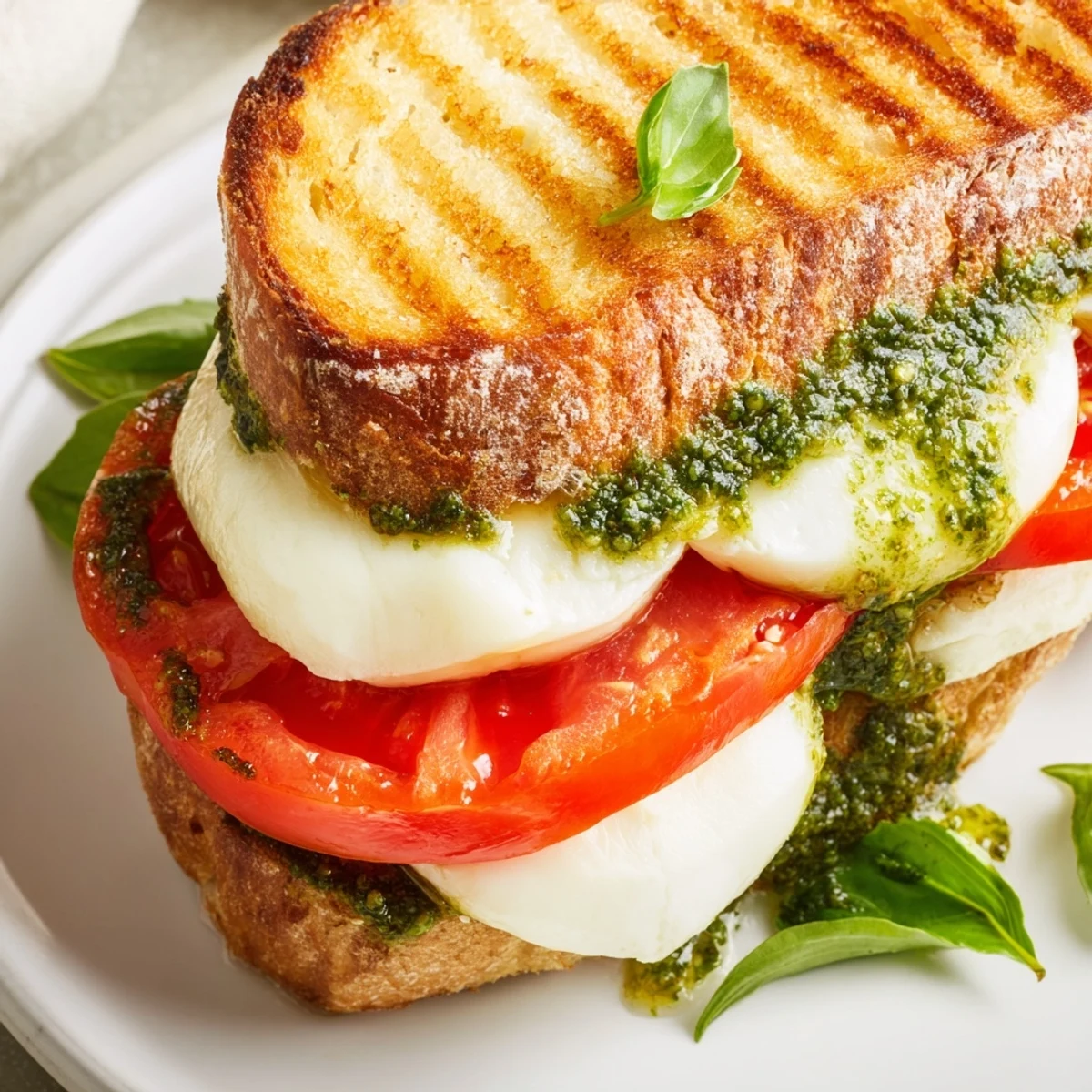 Golden-brown Caprese Pesto Panini-Style Grilled Cheese, boasting melted mozzarella and juicy tomato slices.