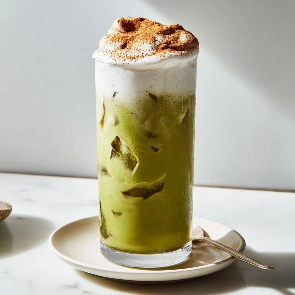 Sweet and vibrant, this Cinnamon Roll Iced Matcha features green matcha and a cinnamon-kissed protein topping.