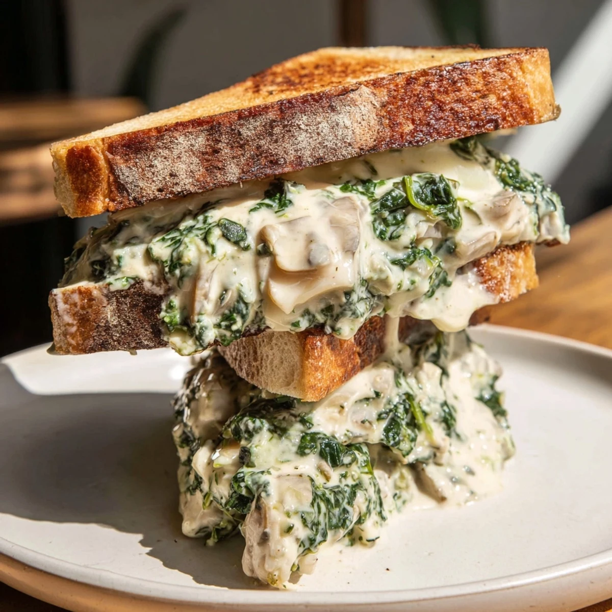 Golden-brown Sourdough Spinach Artichoke Dip Grilled Cheese, oozing with melted cheese and creamy filling.