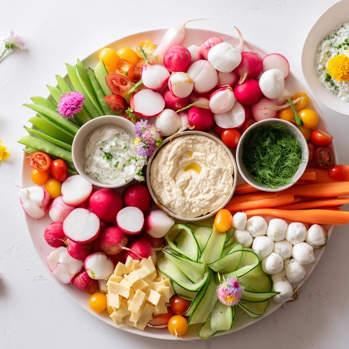 A colorful spring wreath appetizer, filled with radishes, carrots, and creamy dips, ready to delight your guests.