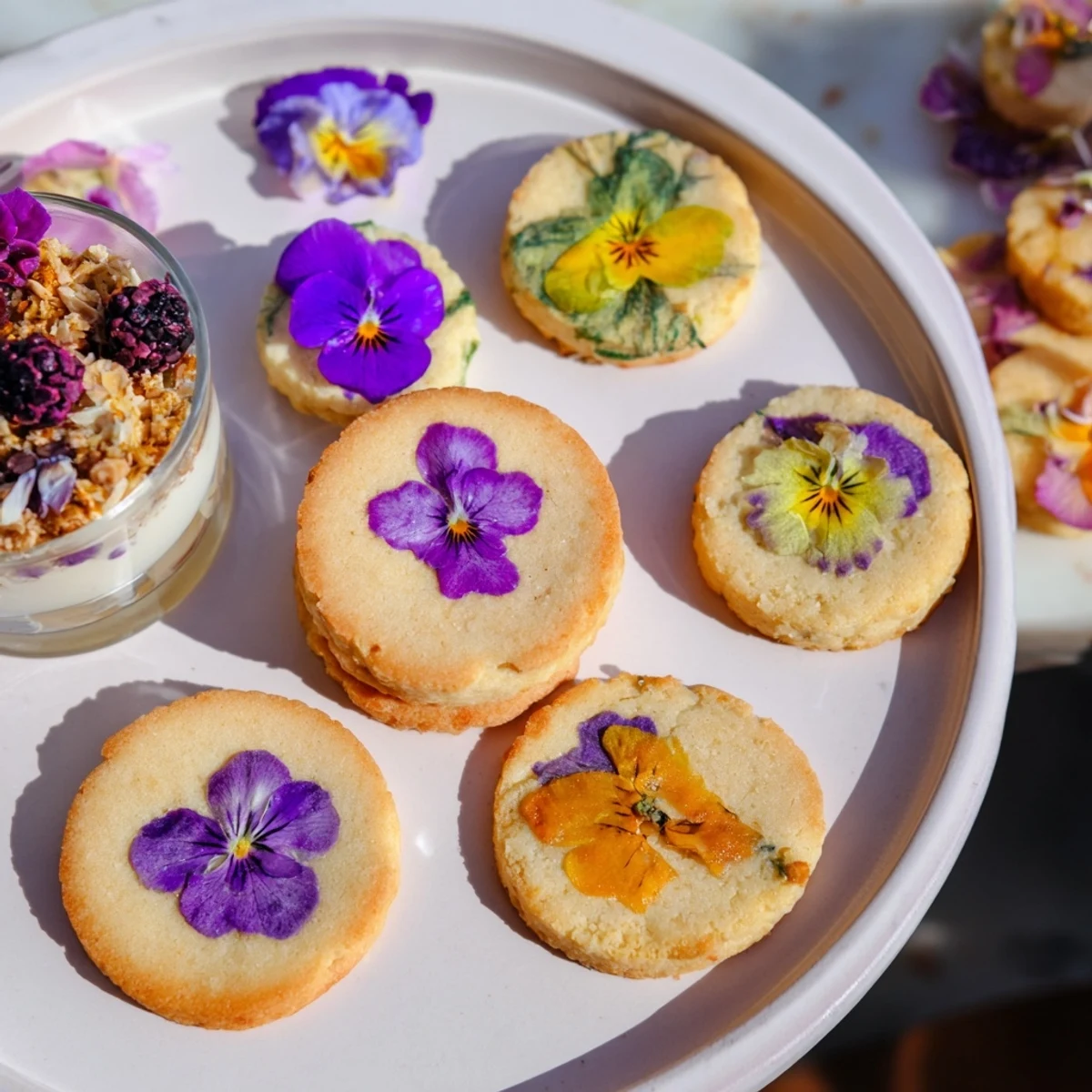 Delectable Spring Flower Dessert Tray featuring vibrant cookies, mini cakes, and refreshing yogurt parfaits.