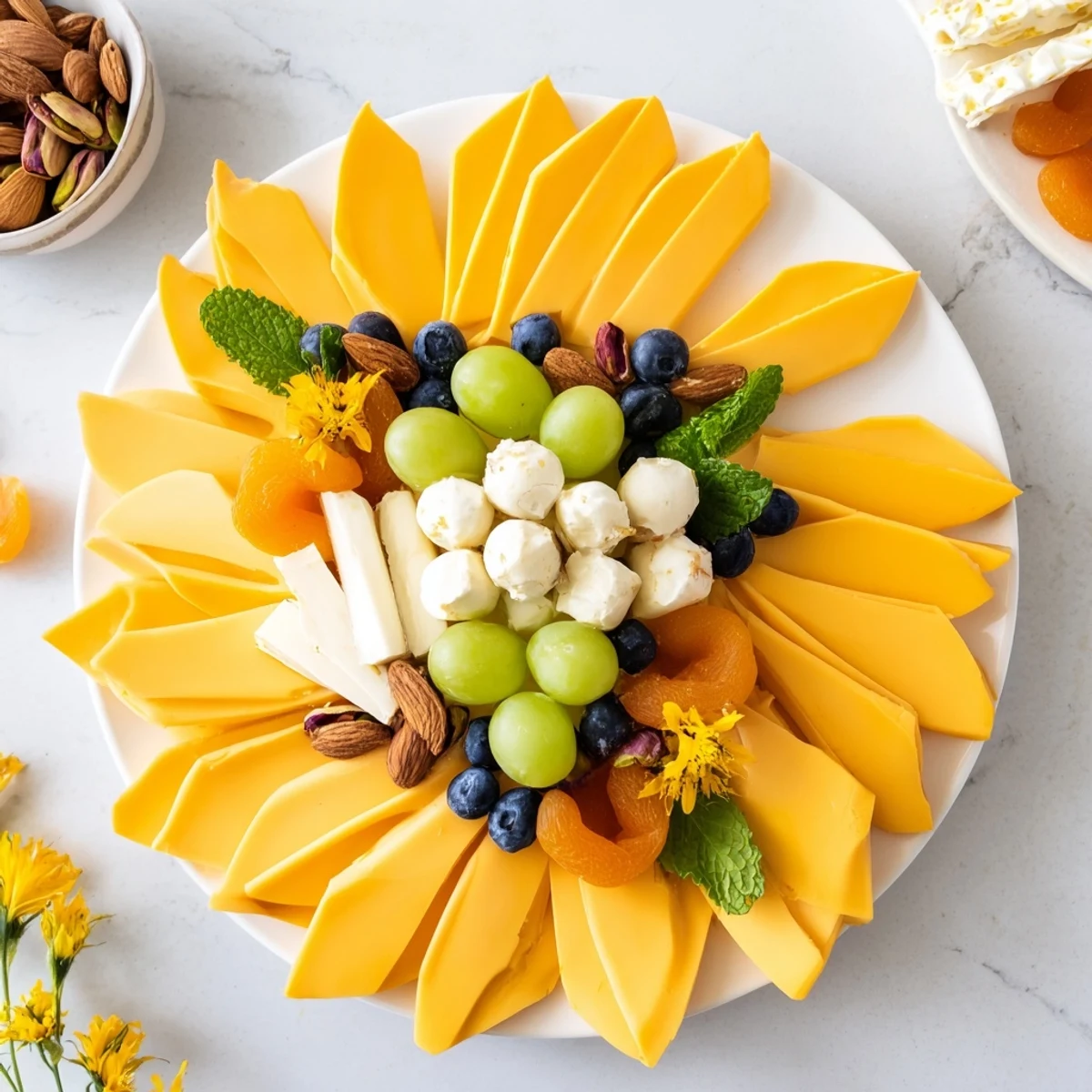 This Daffodil Cheese Board displays a springtime spread with cheese, sweet fruit, and crunchy crackers for dipping.