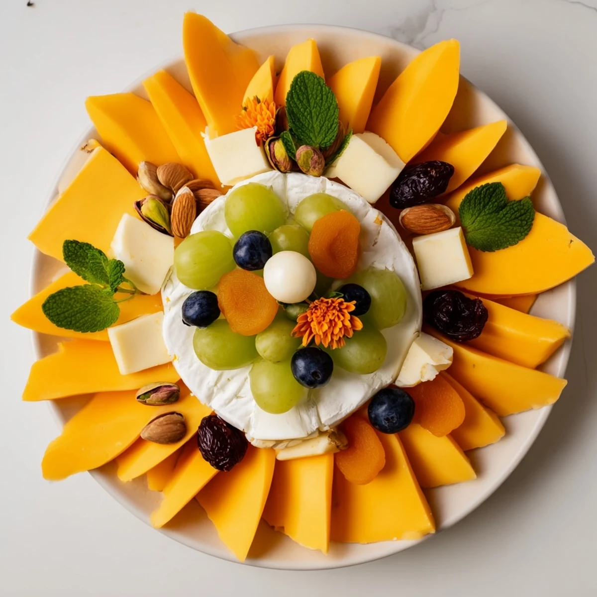 Enjoy the Daffodil Cheese Board's tempting array: goat cheese, wedges, and colorful additions to a delicious appetizer.