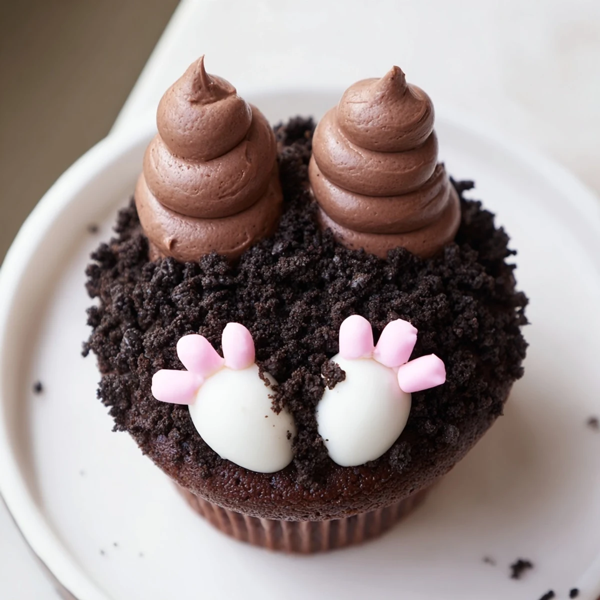 Bunny Burrow Cupcake Tray: Adorable chocolate cupcakes with buttercream frosting and fondant bunny feet, an Easter treat.