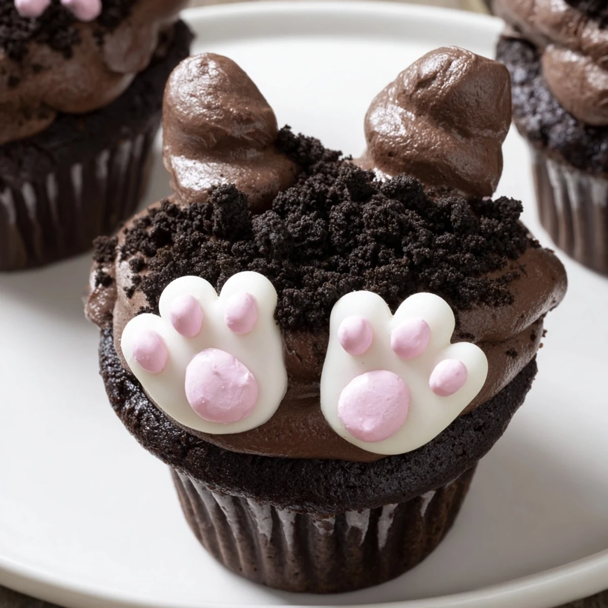 These festive Bunny Burrow Cupcake Tray desserts show chocolate cupcakes nestled in cookie "soil" with bunny feet.
