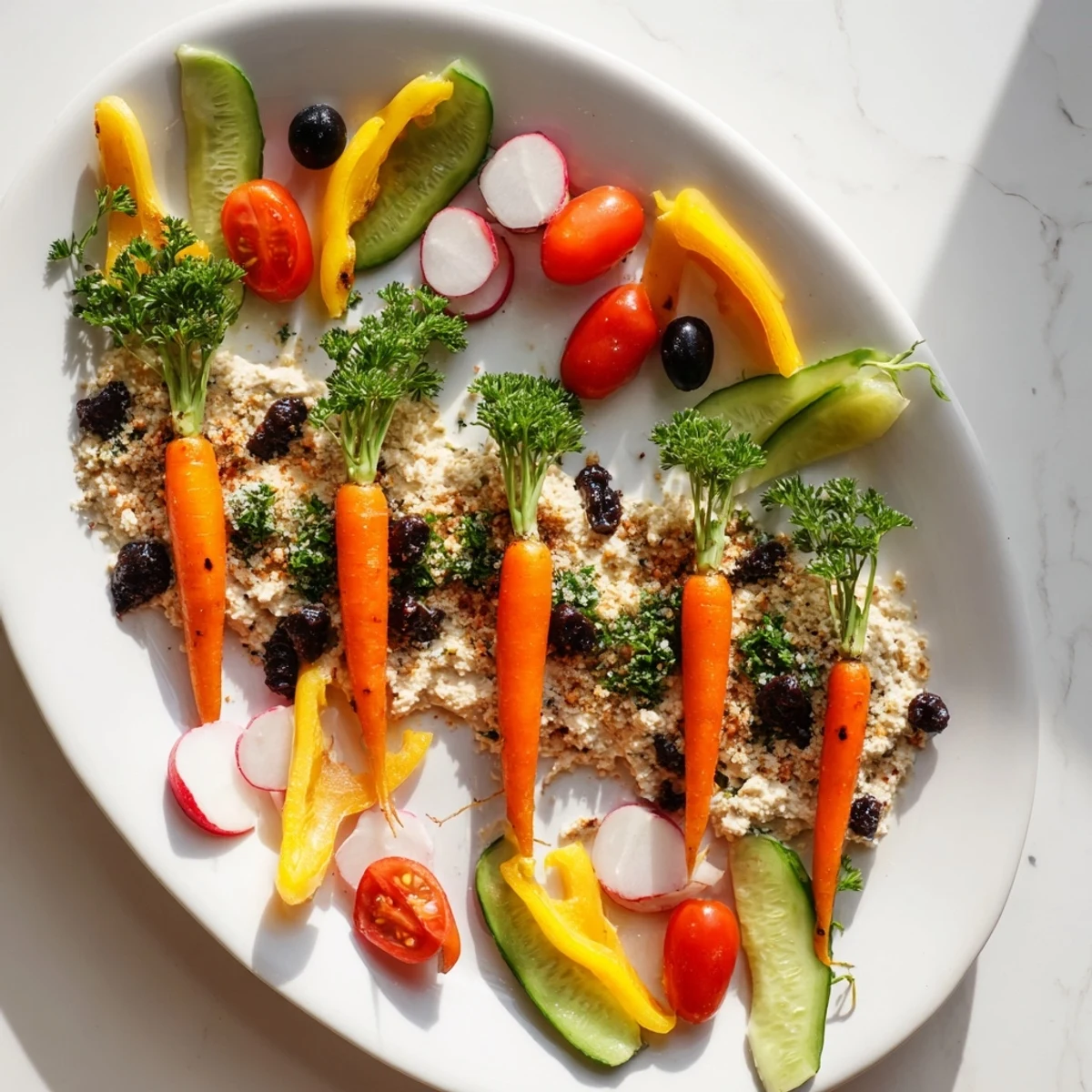 Colorful Carrot Patch Veggie Board arrangement, featuring carrots nestled in a creamy hummus "soil," perfect for spring.