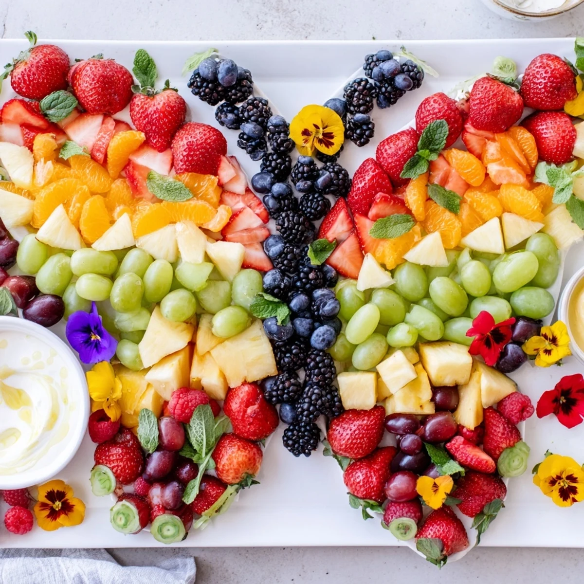 Butterfly Garden Fruit Board, a colorful and healthy snack, features fresh, artfully arranged fruits.