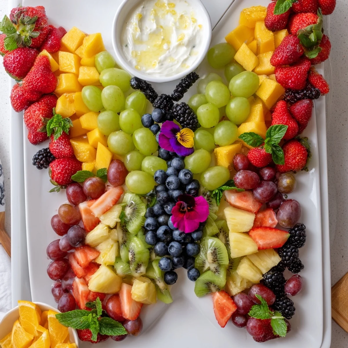 Enjoy a Butterfly Garden Fruit Board, a beautiful arrangement of summer berries and tropical fruits.