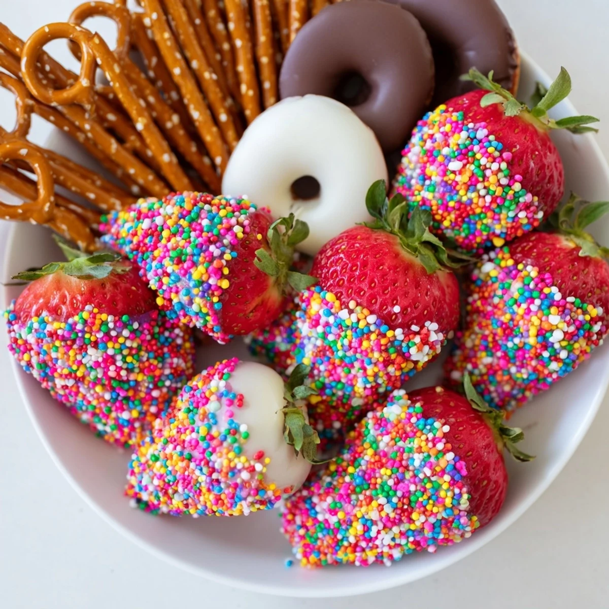 Vibrantly colorful Rainbow Sprinkle Party Board with chocolate-covered treats and fresh fruit, ready to serve.