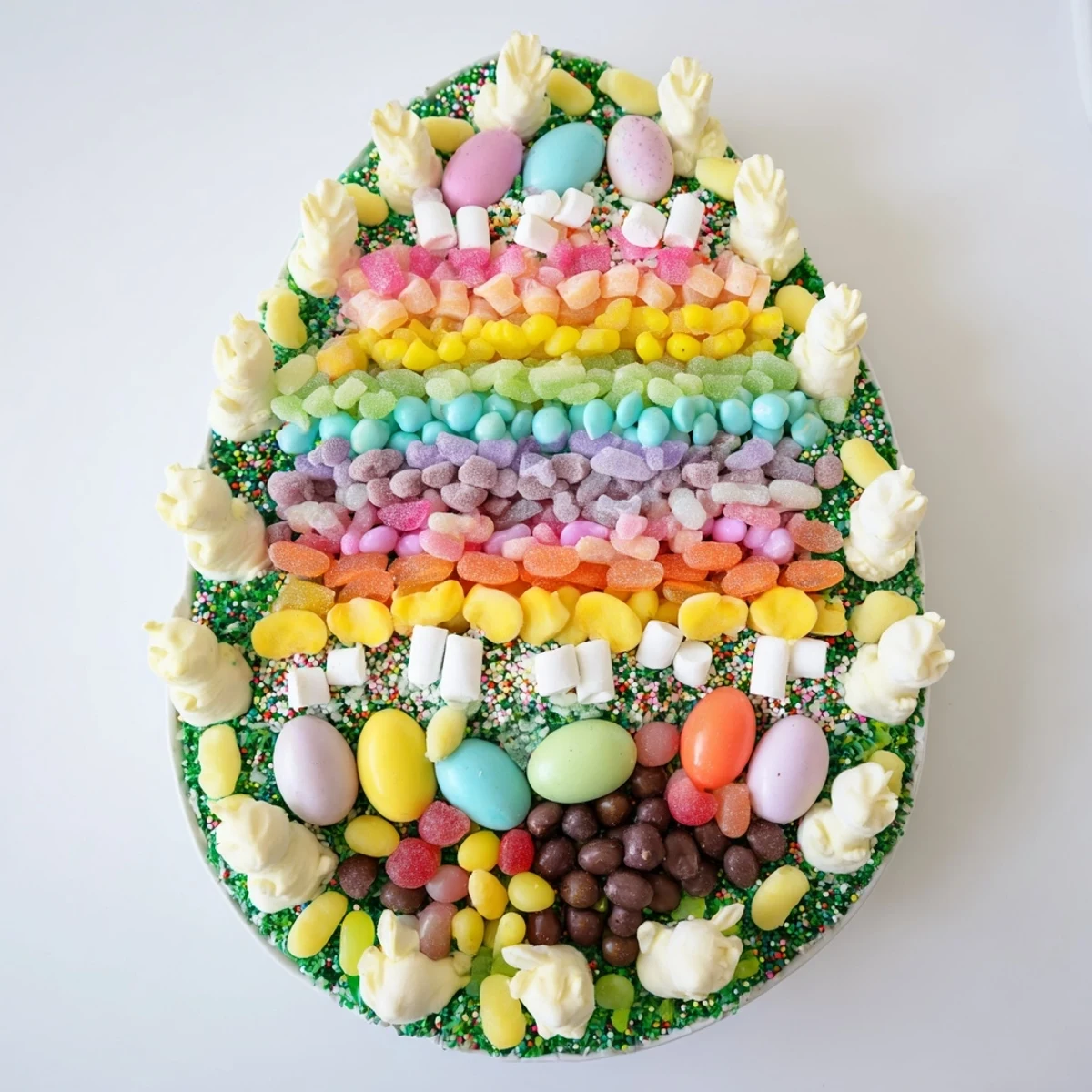 Egg-Shaped Candy Platter filled with colorful candies, perfect for an Easter dessert or party snack.