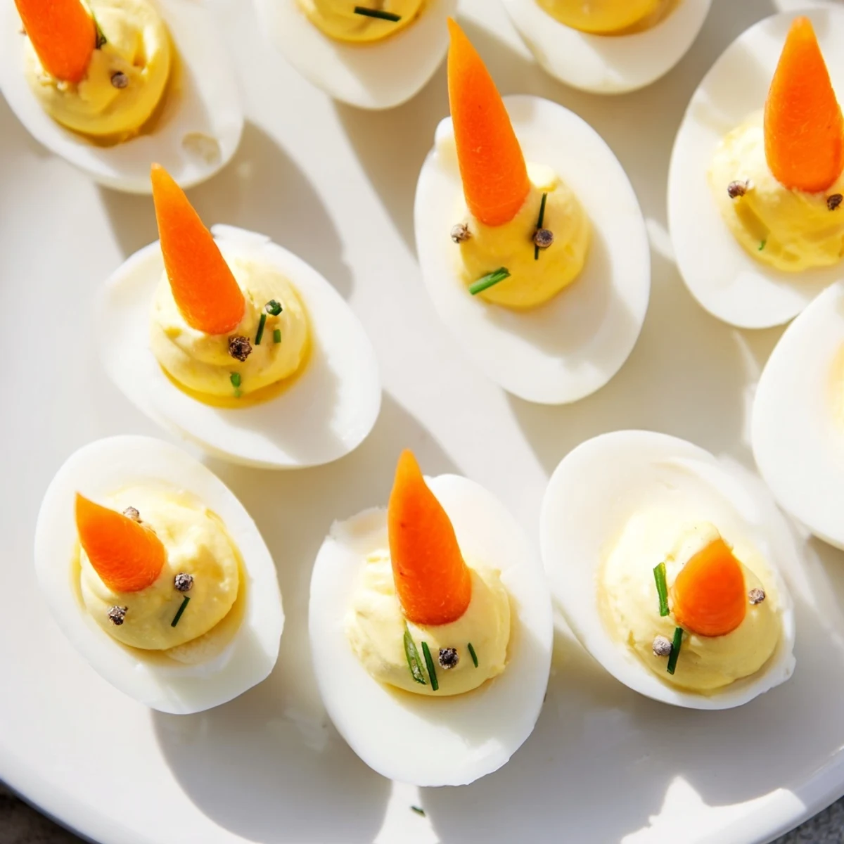 Vibrant Chick & Duckling Snacks on a platter, showcasing creamy egg filling with carrot beaks and tiny eyes.