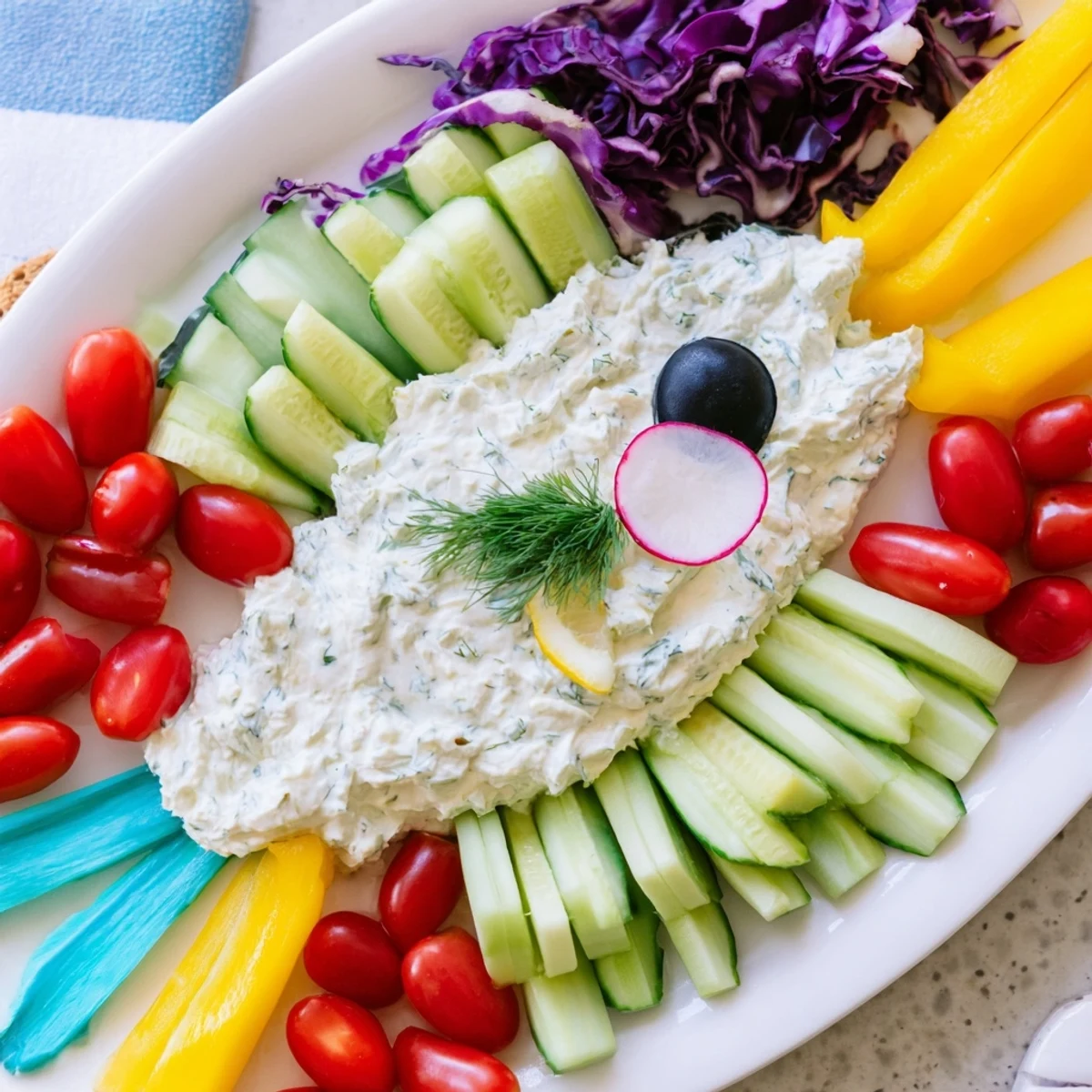Ocean Blue Fish-Shaped Dip Tray: A vibrant appetizer showing creamy dips and fresh veggies arranged as a fish.