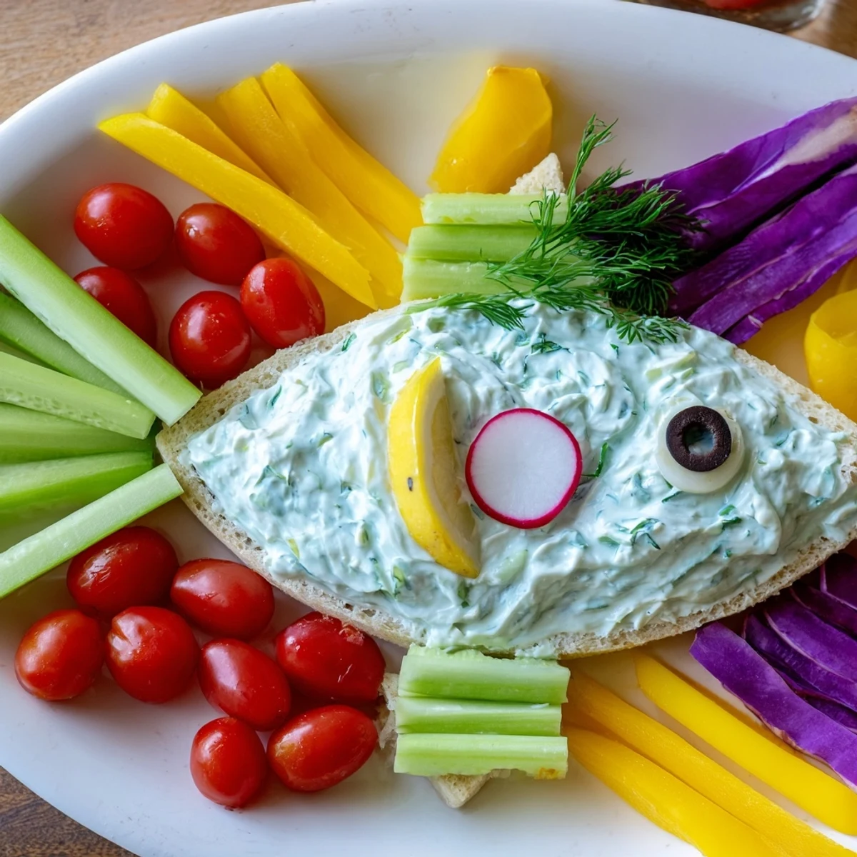 Delicious Ocean Blue Fish-Shaped Dip Tray displays an appealing arrangement of colorful vegetables alongside creamy dips.