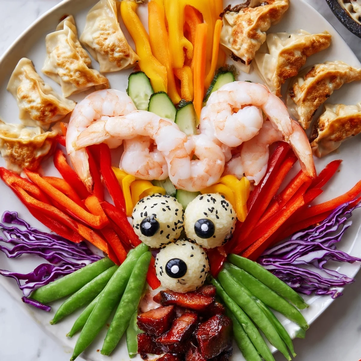 Mighty Dragon Lunar New Year board featuring shrimp, pork, and vibrant vegetable scales for a festive appetizer.