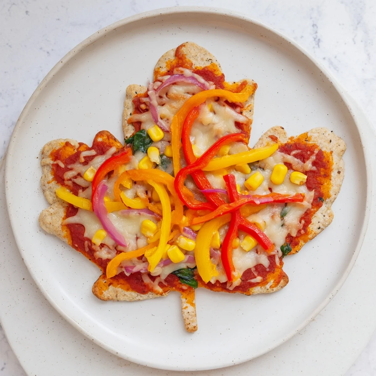 Golden-brown Fall Foliage Maple Leaf Mini Pizzas bursting with colorful, cooked-down veggie toppings for autumn.