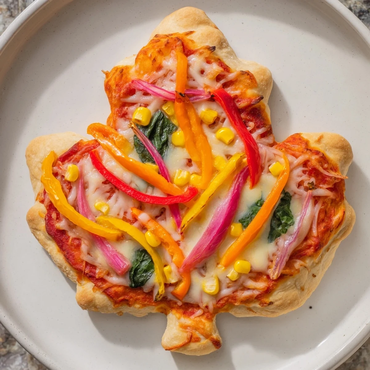 These vibrant Fall Foliage Maple Leaf Mini Pizzas feature melted cheese over a subtly sweet maple sauce base.