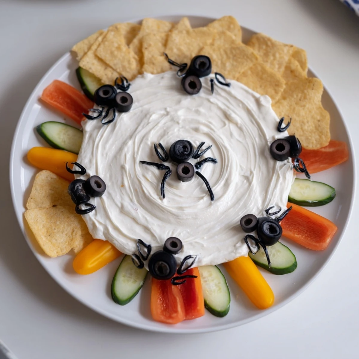 Spooky Halloween party: This Creepy Crawly Spiderweb Platter features olives shaped as spiders and crisp veggies.