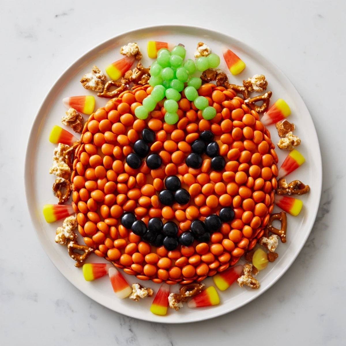 Vivid, sweet Jack-o-Lantern candy board with orange, green, and black candies, ready to enjoy.