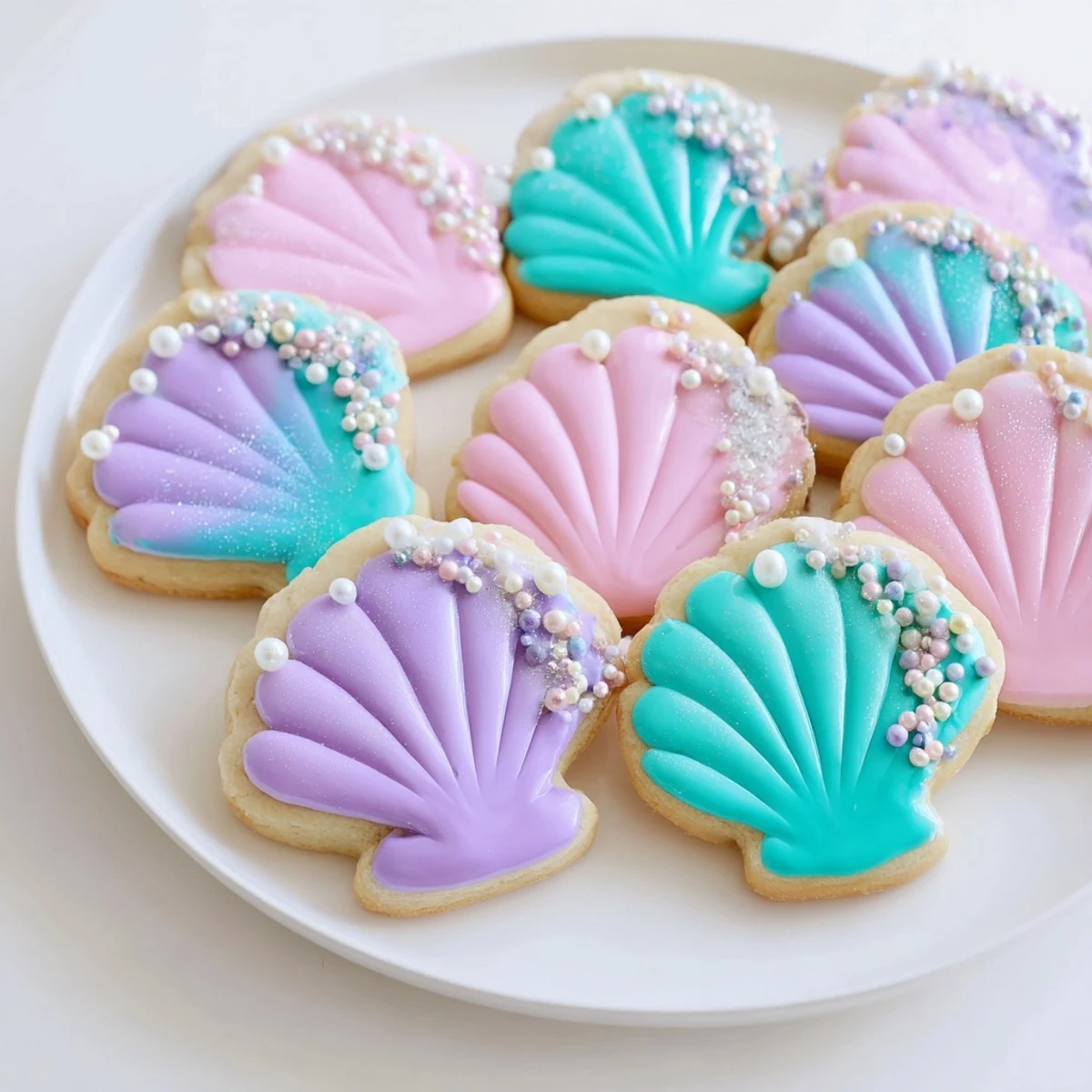 Delicious pastel-colored Seashell Sweets, elegantly iced and sprinkled, ready to be enjoyed!