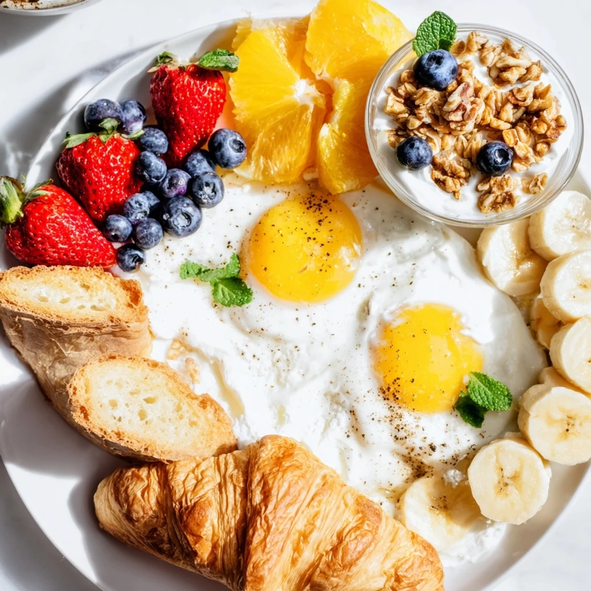 A Soleil Matinal Breakfast Platter with vibrant fresh fruits and perfectly cooked eggs.