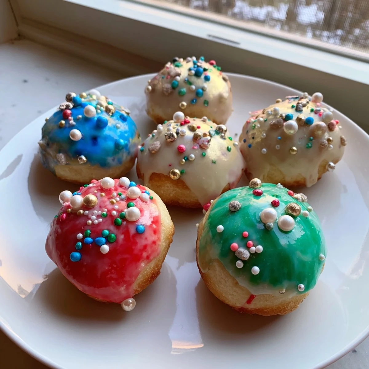 Golden, fried Christmas Ornament Beignets, iced and sprinkled, ready to enjoy during your holiday celebrations.