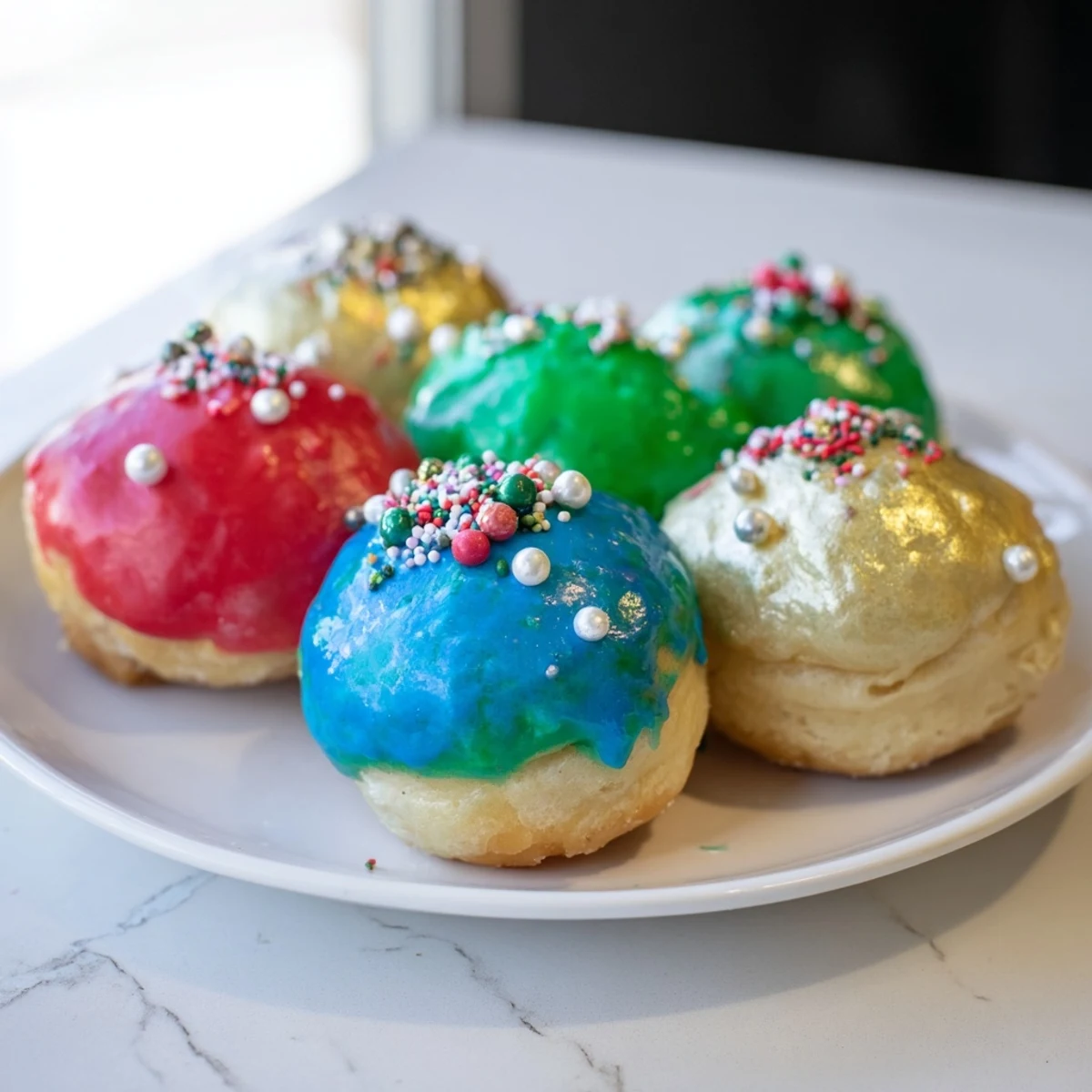 A close-up of vibrant Christmas Ornament Beignets, freshly decorated, smelling of vanilla and warm, sweet dough.