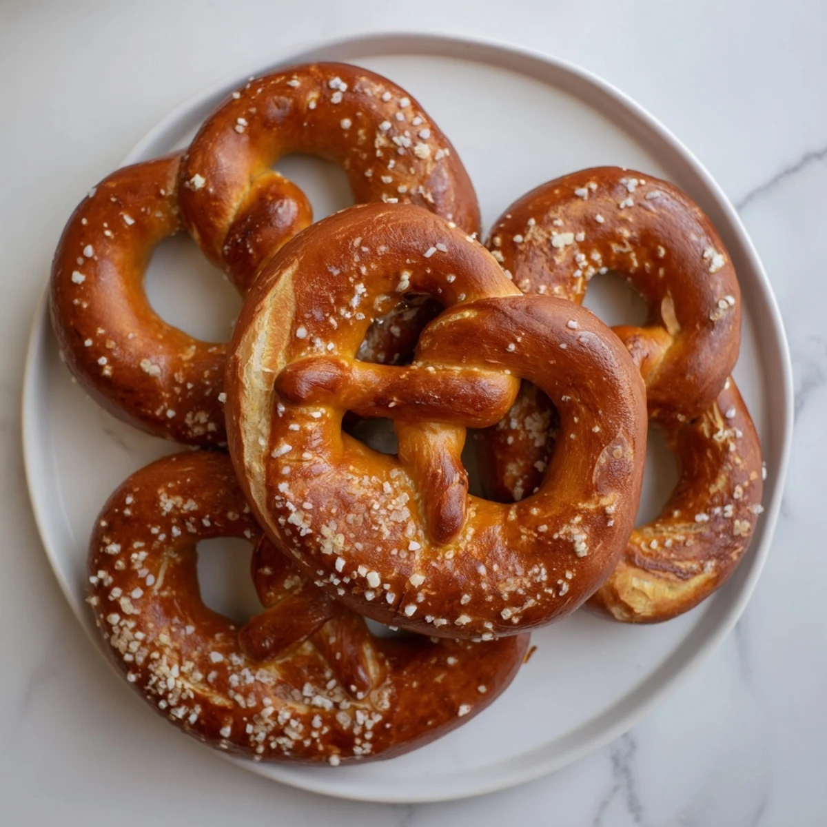 Golden brown Bretzels Anneau de Fête, generously salted and ready for dipping in mustard.