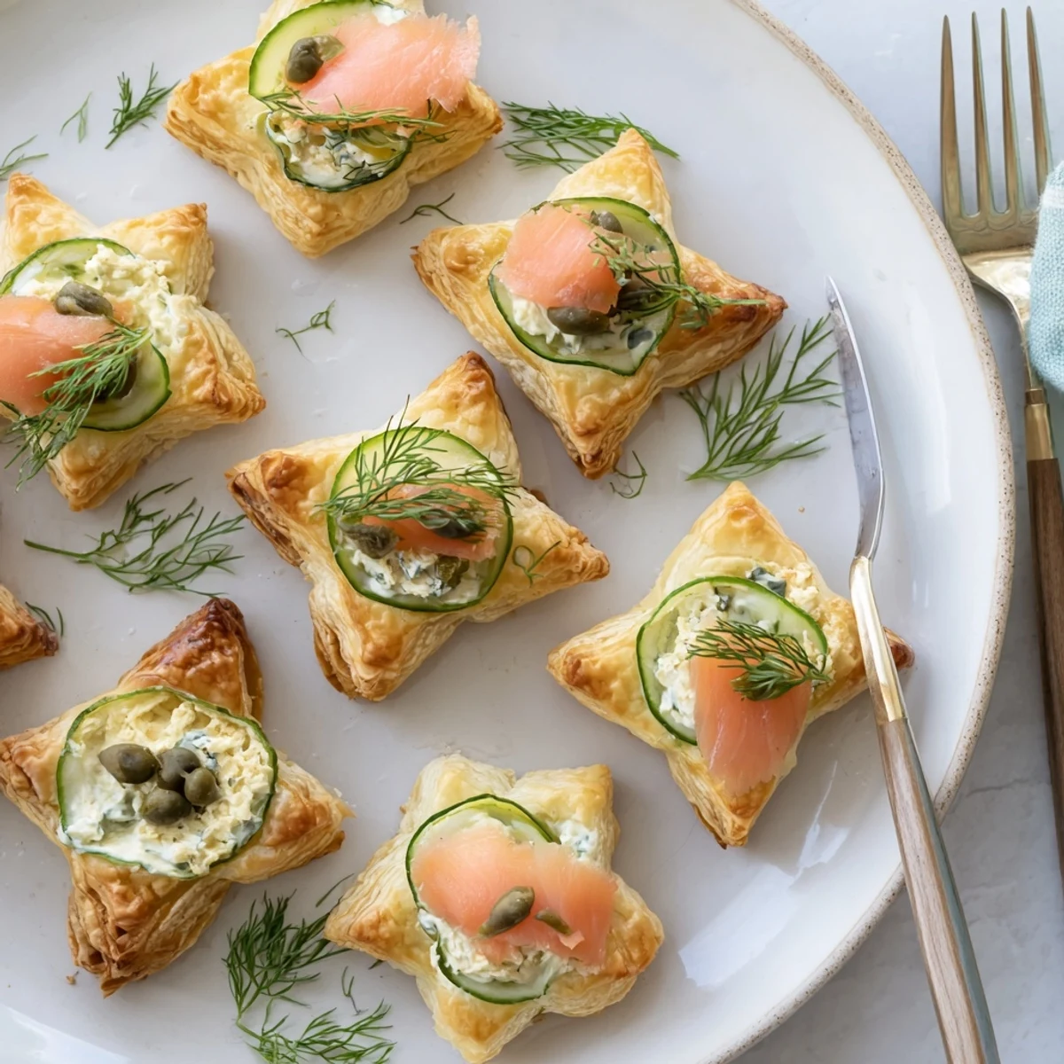 Golden Étoiles Filantes Assiette de Fin dAnnée: puff pastry stars with smoked salmon atop herbed cream cheese.