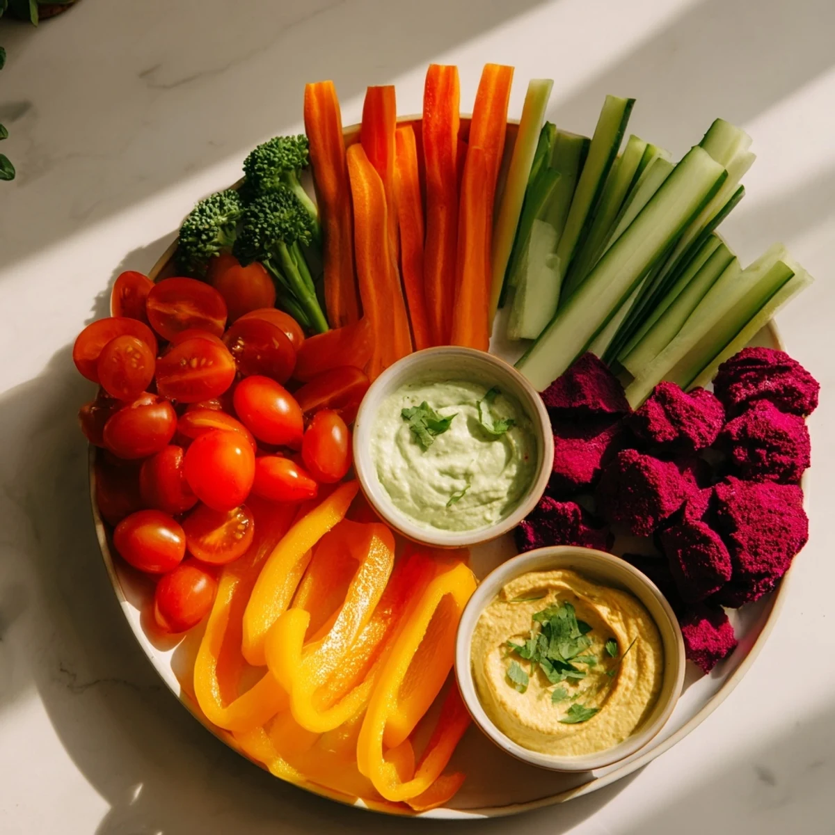 Colorful Rainbow Vegetable Dips platter, with creamy herb yogurt, beet hummus, and avocado lime dips.