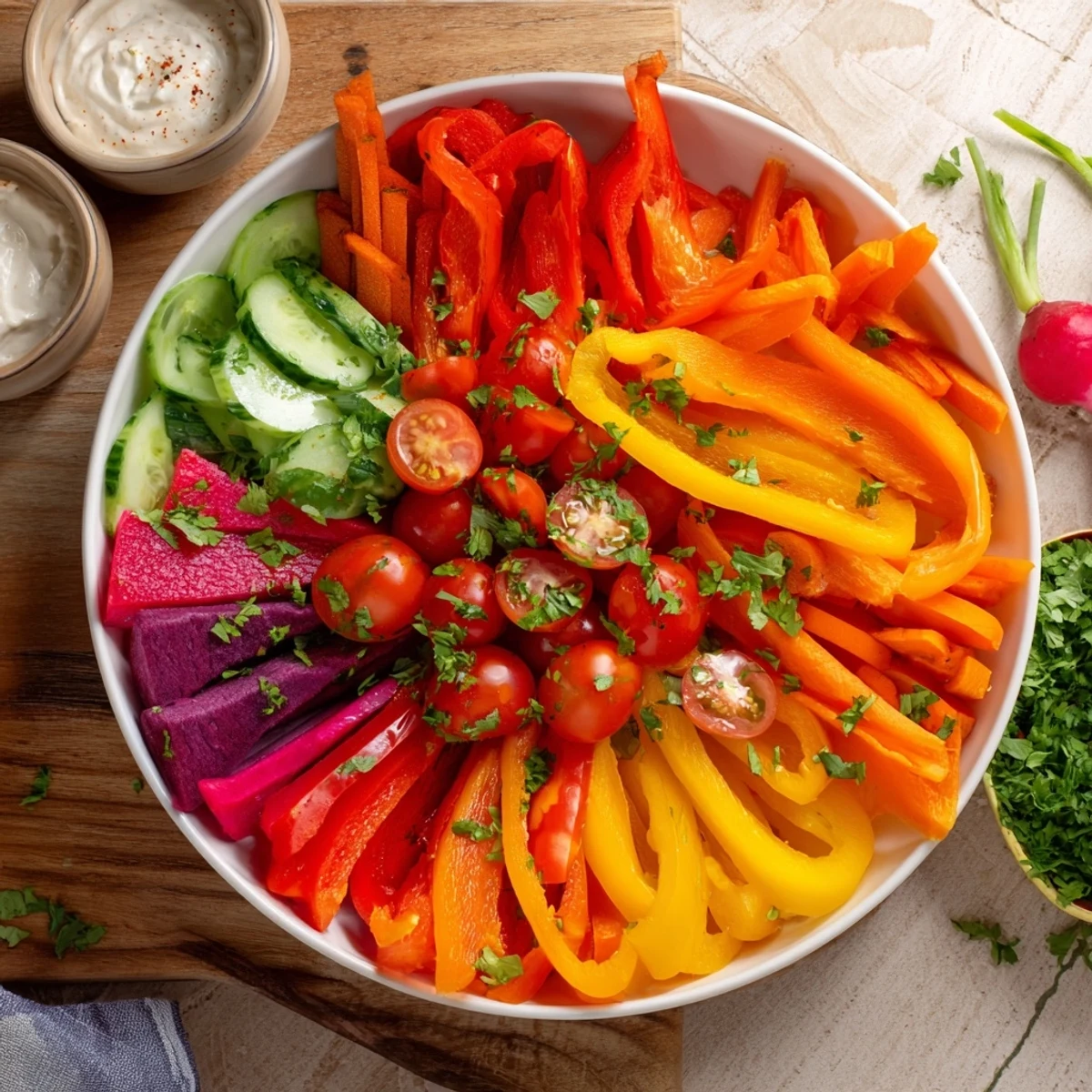 Vibrant arrangement of fresh Rainbow Vegetable Dips, including carrots, bell peppers, and snap peas, for dipping.