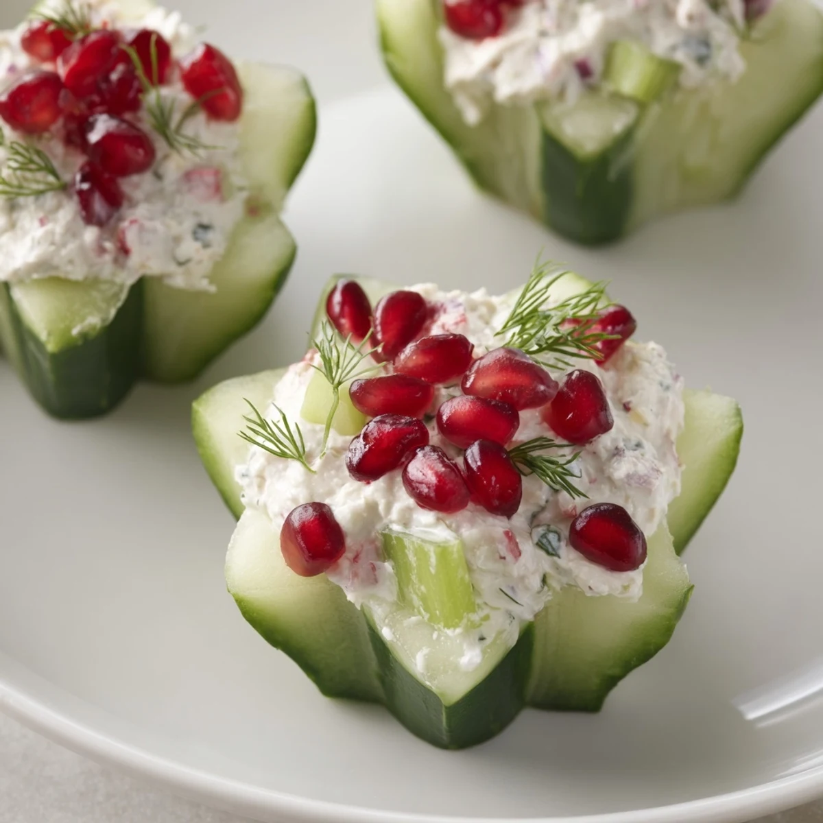 Snowflake cucumber cups: Festive winter salad with creamy filling and vibrant pomegranate seeds.