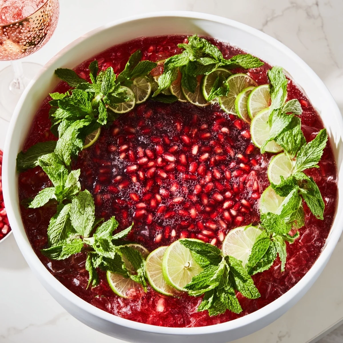 Festive pomegranate and mint wreath drink, garnished with glistening seeds and vibrant mint sprigs, ready to serve.
