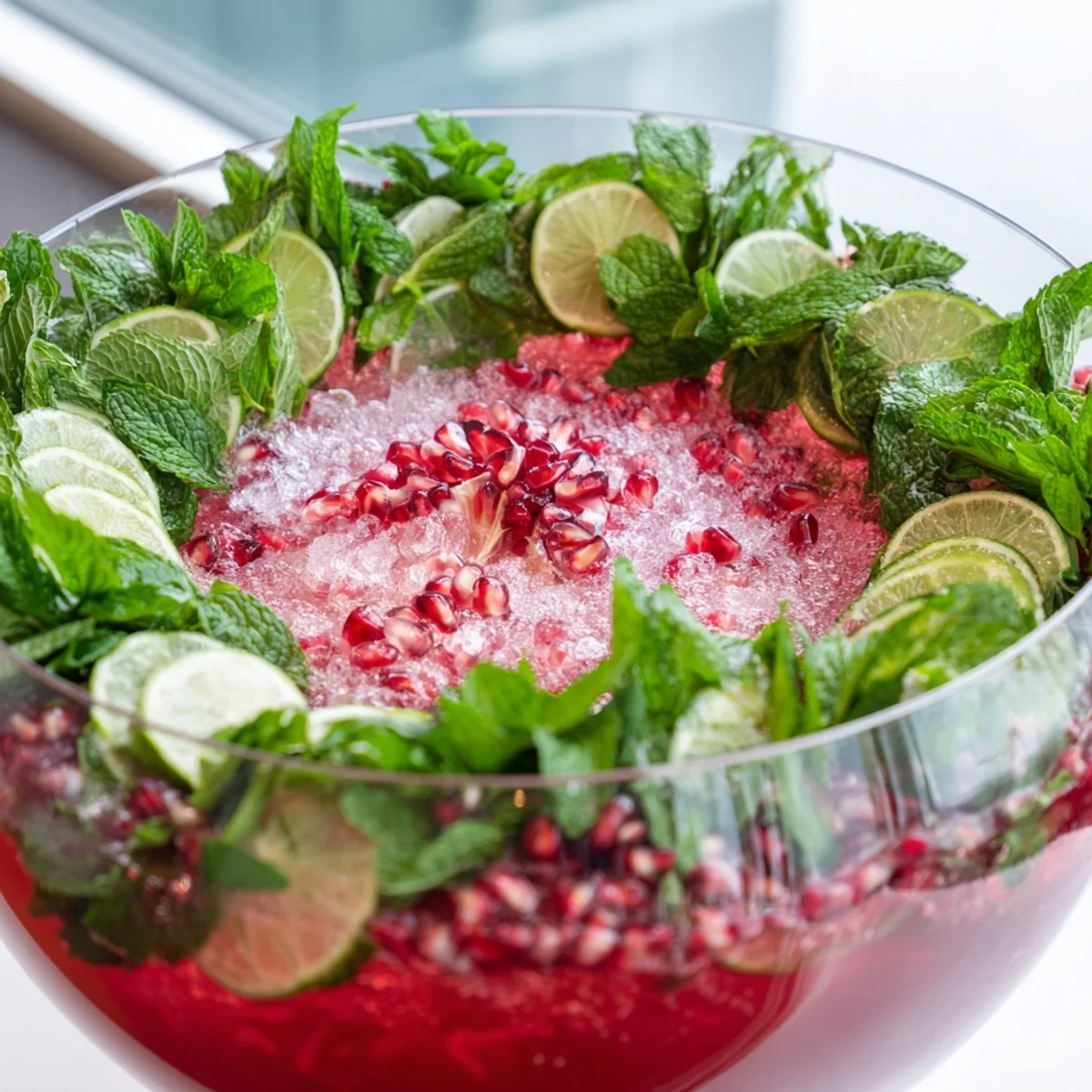 A refreshing pomegranate and mint wreath cocktail: sparkling ruby red with fresh mint and lime slices.