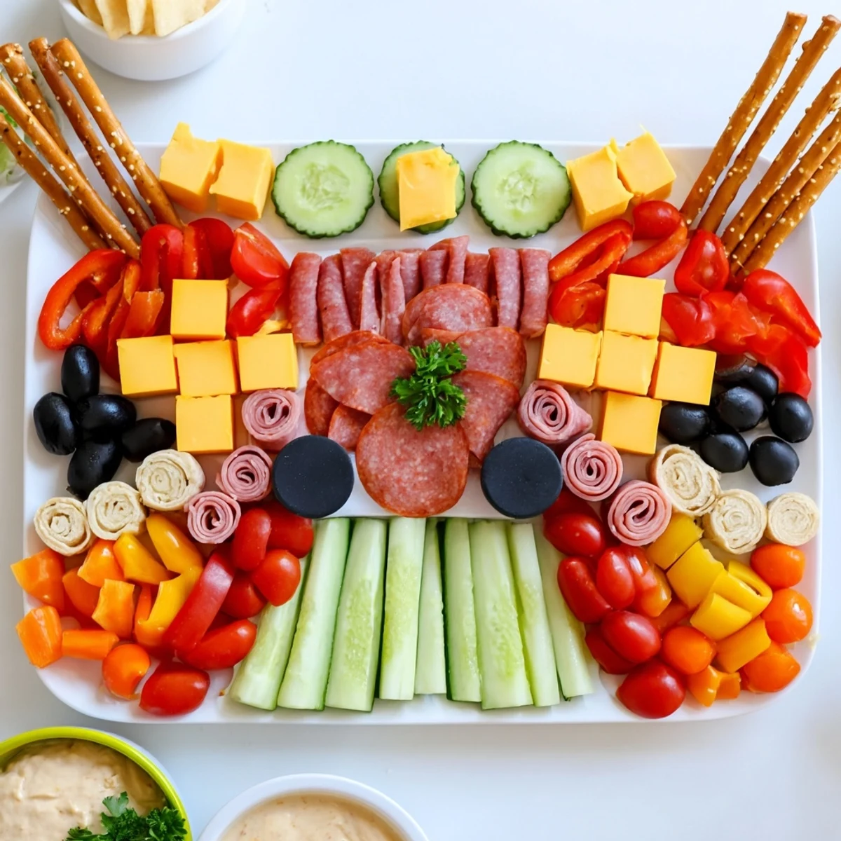 Game night controller-shaped snack platter with fresh veggies, cheeses, and meats, ready to enjoy!