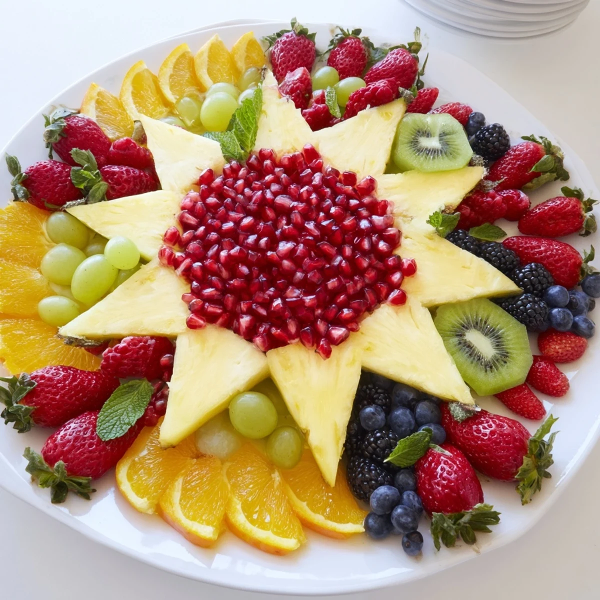 Vibrant Pomegranate Starburst Platter with juicy arils and colorful fruit, perfect for a refreshing snack.