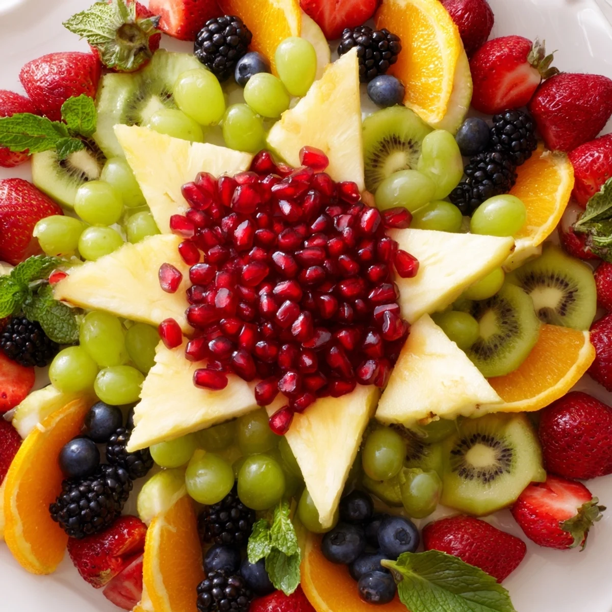 Juicy red pomegranate seeds and fresh fruit arranged in a festive Pomegranate Starburst Platter.